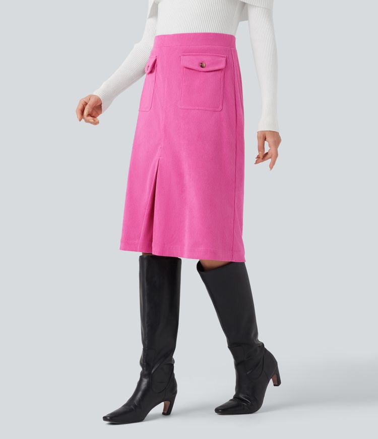 Mid Rise Front Side Flap Pocket Split Midi Corduroy Casual Skirt