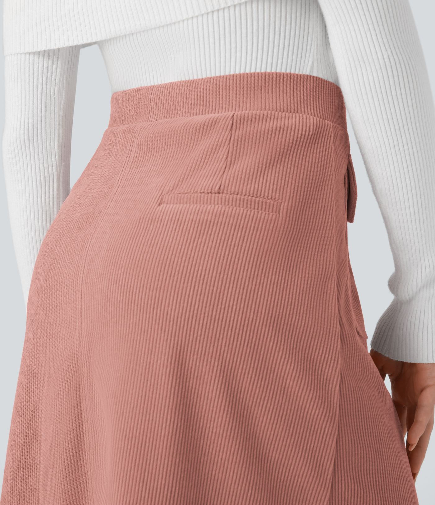 Mid Rise Front Side Flap Pocket Midi Corduroy Casual Skirt