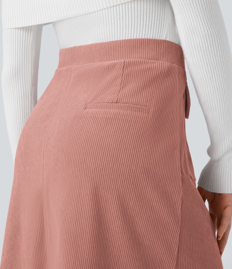 Mid Rise Front Side Flap Pocket Midi Corduroy Casual Skirt
