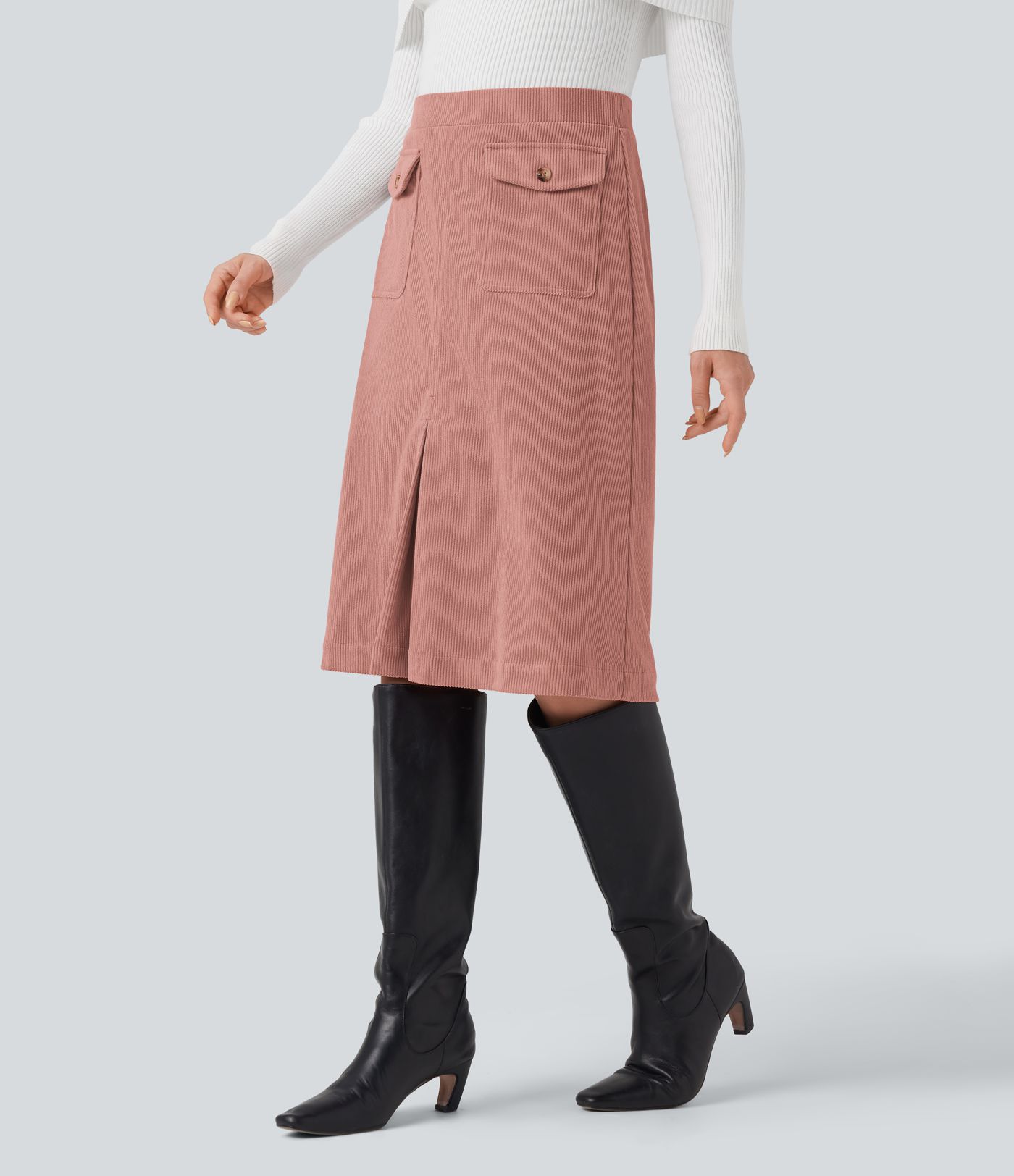 Mid Rise Front Side Flap Pocket Midi Corduroy Casual Skirt