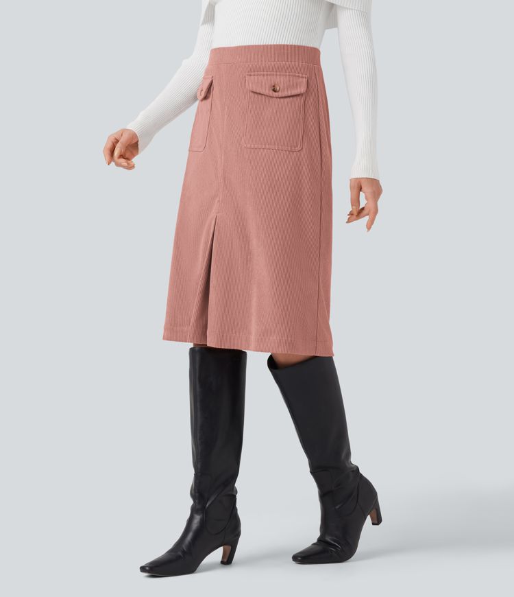 Mid Rise Front Side Flap Pocket Midi Corduroy Casual Skirt