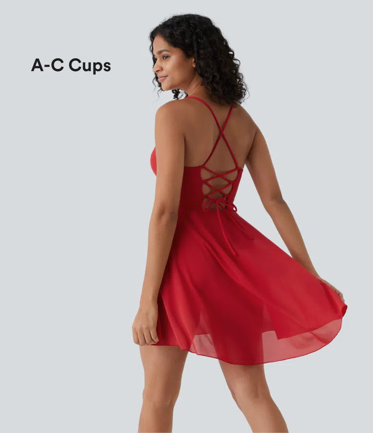 Lace Up 2-in-1 Pocket High Low Contrast Mesh Flowy Low Support Mini Dance Active Dress A-C Cups