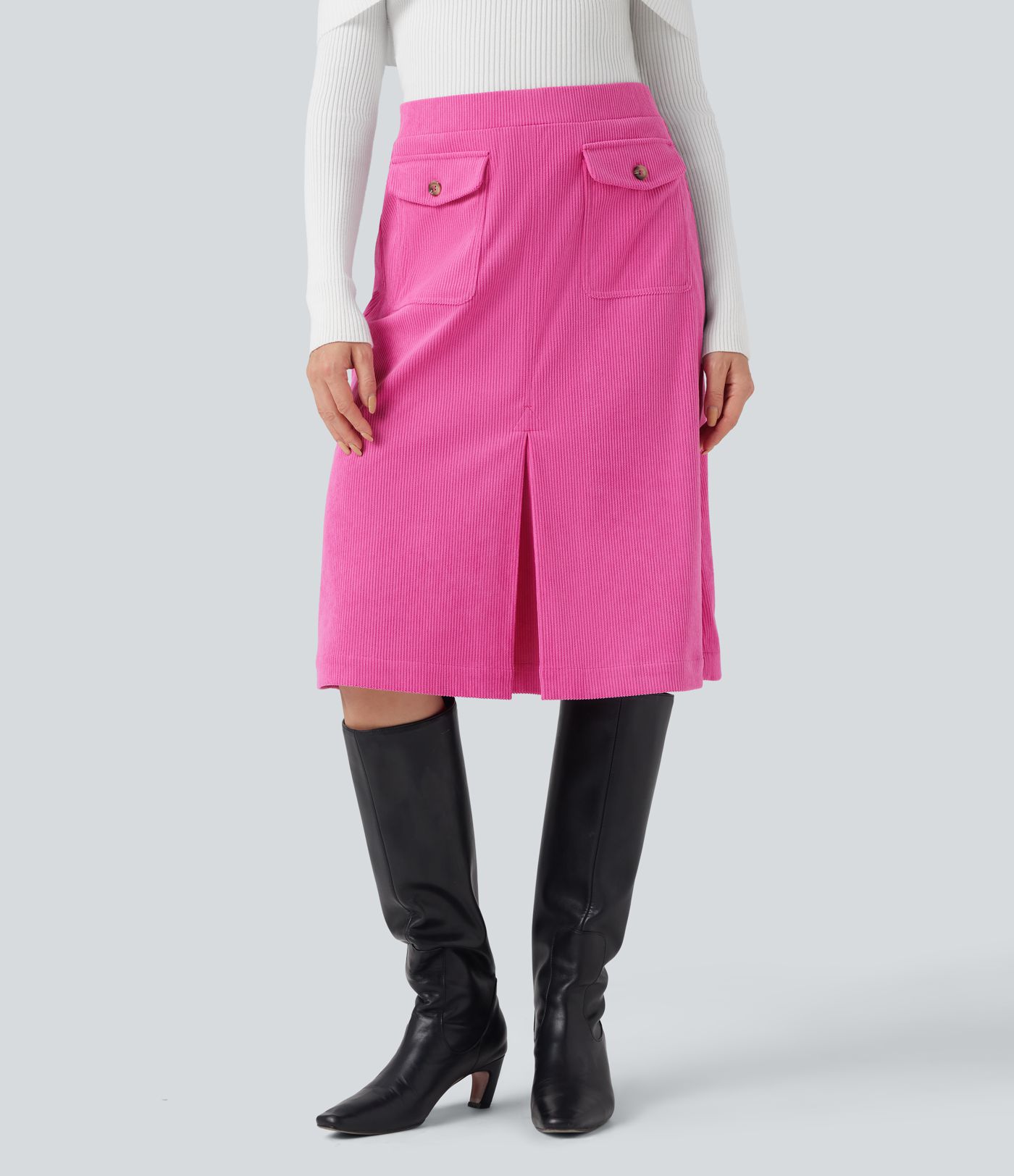 Mid Rise Front Side Flap Pocket Midi Corduroy Casual Skirt