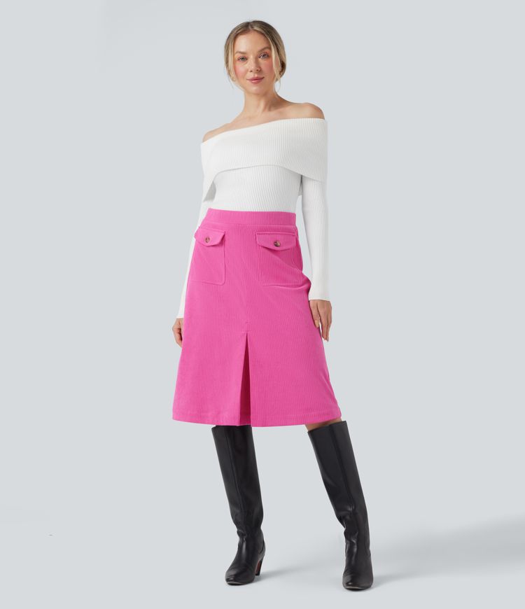 Mid Rise Front Side Flap Pocket Midi Corduroy Casual Skirt