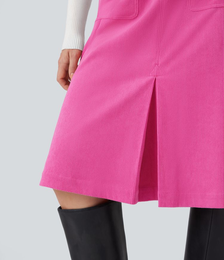 Mid Rise Front Side Flap Pocket Midi Corduroy Casual Skirt