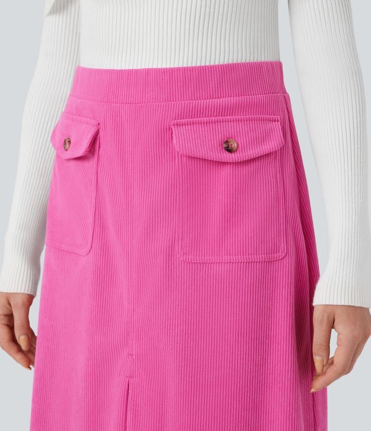 Mid Rise Front Side Flap Pocket Split Midi Corduroy Casual Skirt