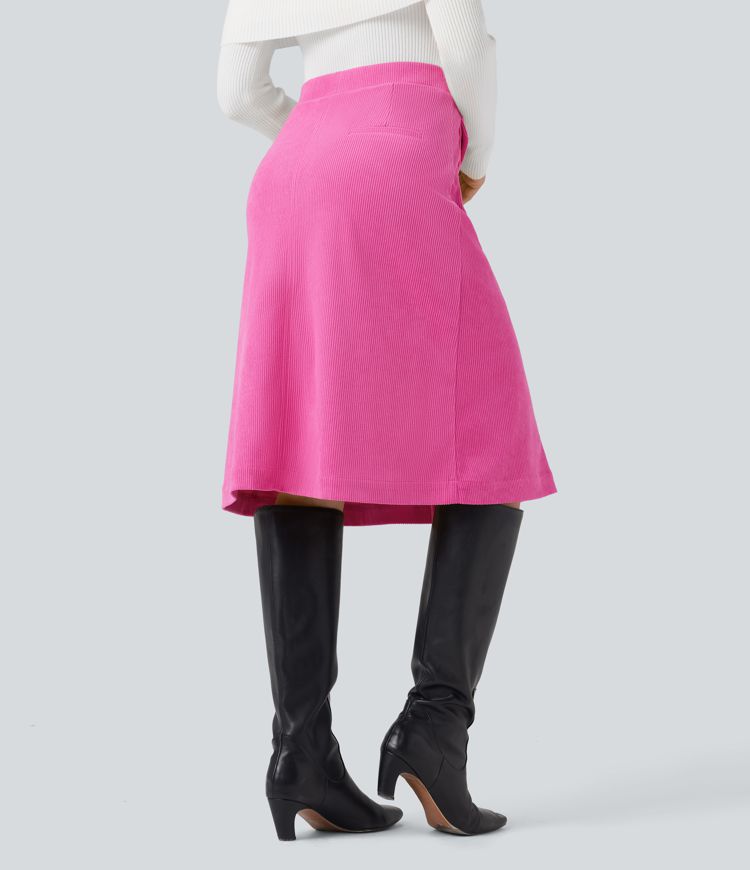 Mid Rise Front Side Flap Pocket Split Midi Corduroy Casual Skirt