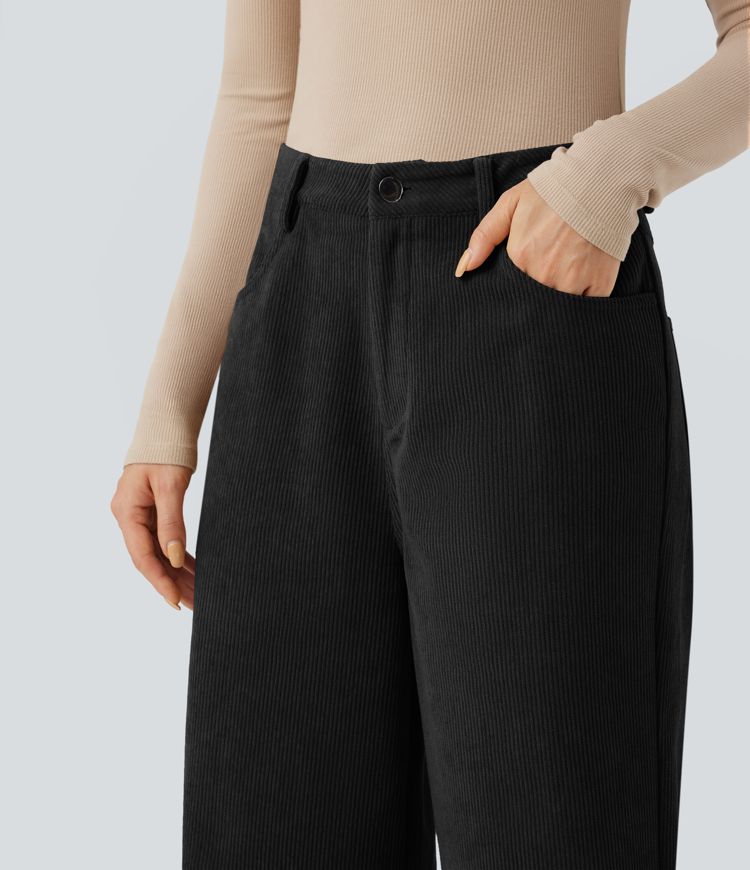 Pantalon décontracté en velours imprimé taille haute avec poches
