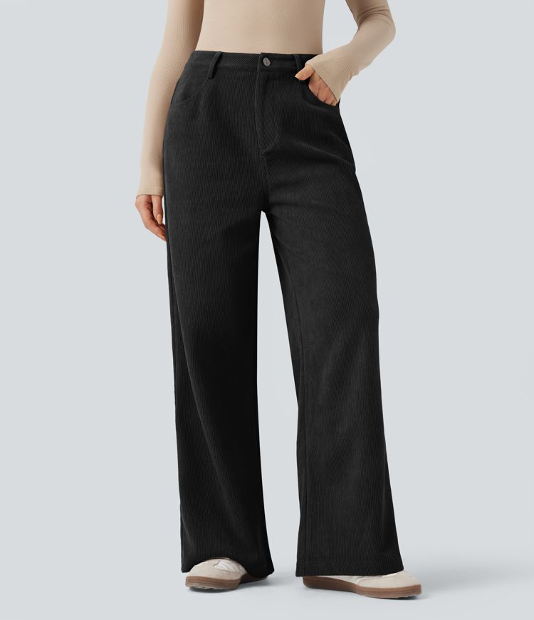 Pantalon décontracté en velours imprimé taille haute avec poches