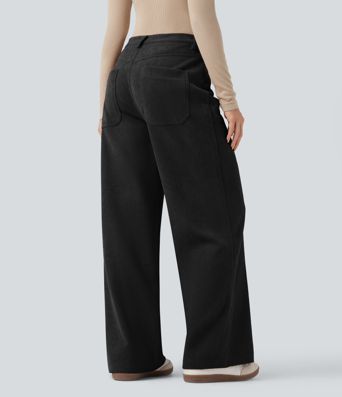 Pantalon décontracté en velours imprimé taille haute avec poches