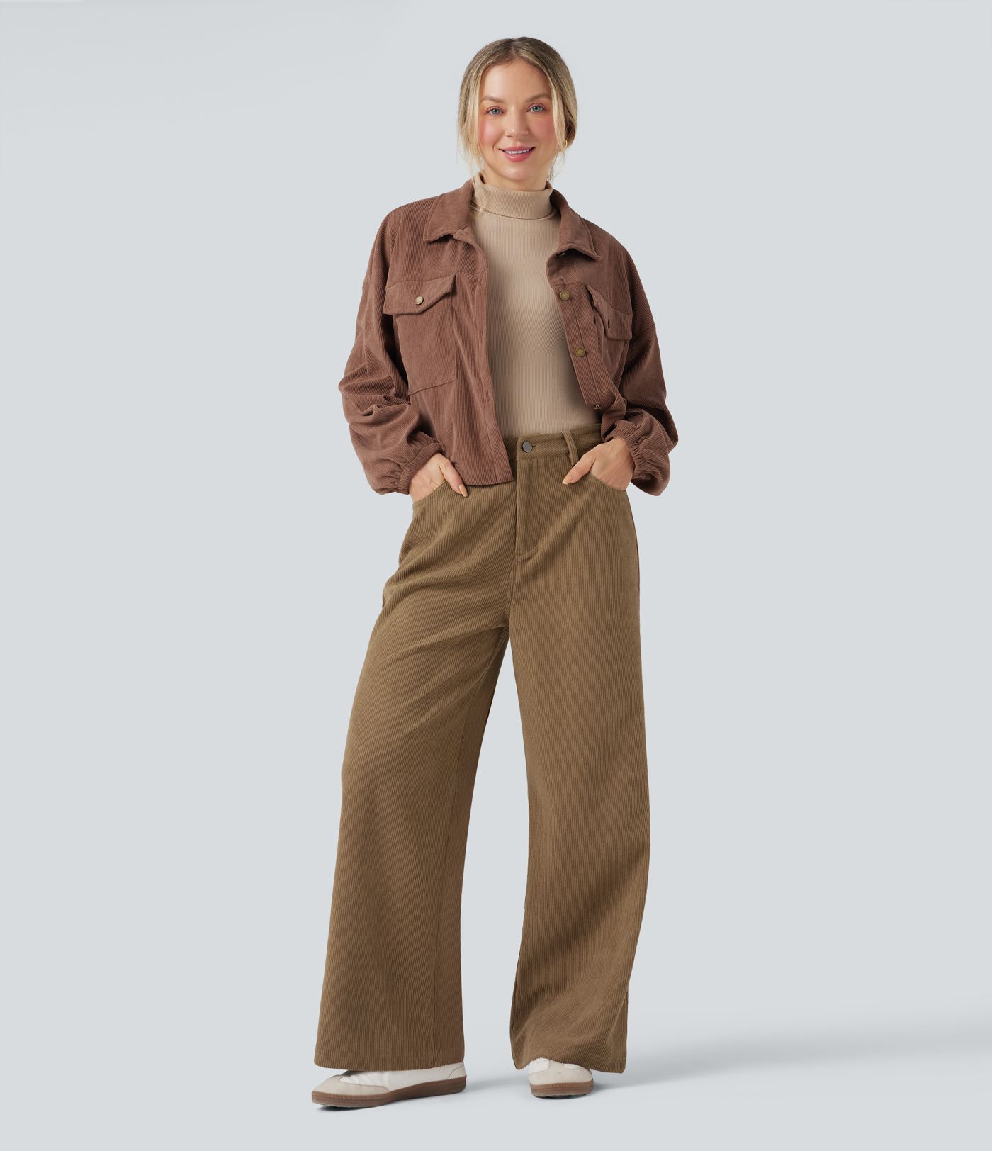 High Waisted Corduroy Casual Baggy Pants with Pockets