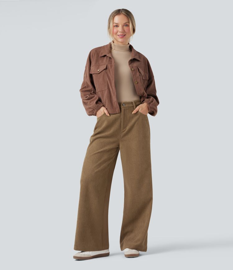 High Waisted Corduroy Casual Baggy Pants with Pockets