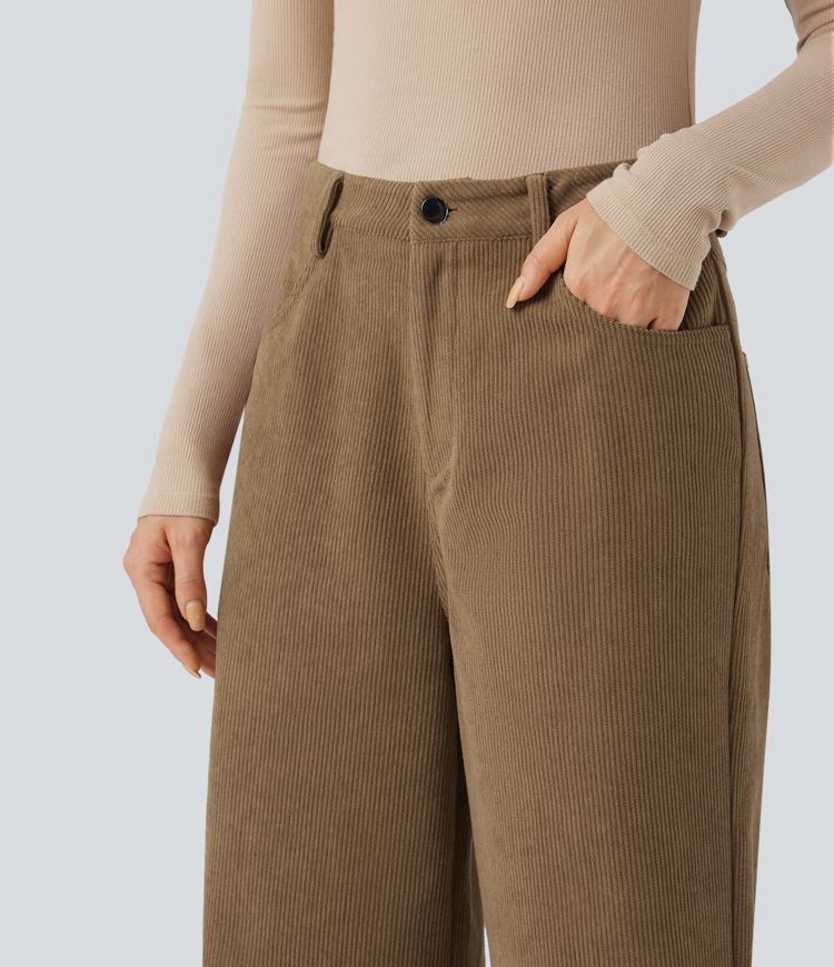 High Waisted Corduroy Casual Baggy Pants with Pockets