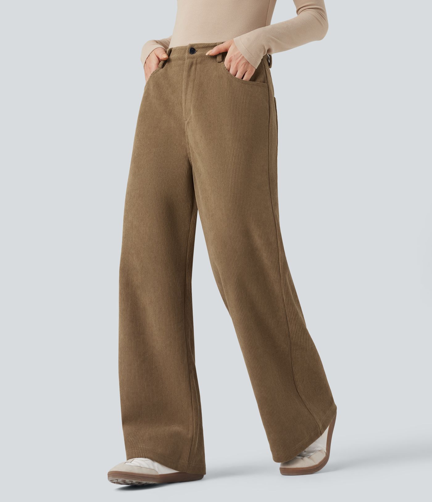 High Waisted Corduroy Casual Baggy Pants with Pockets