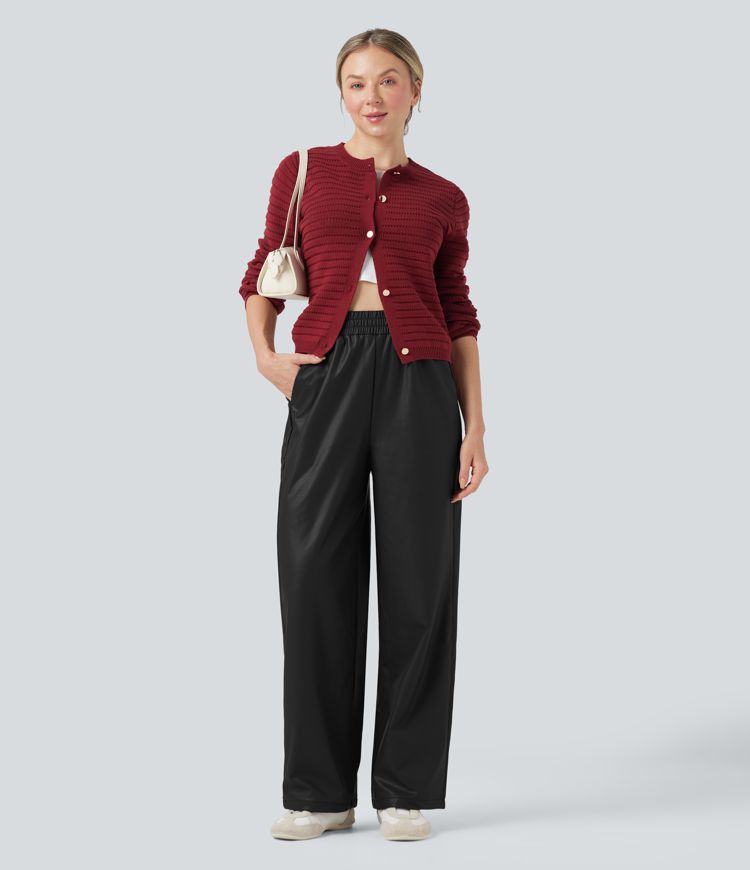 High Waisted Straight Leg Casual PU Leather Pants with Pockets