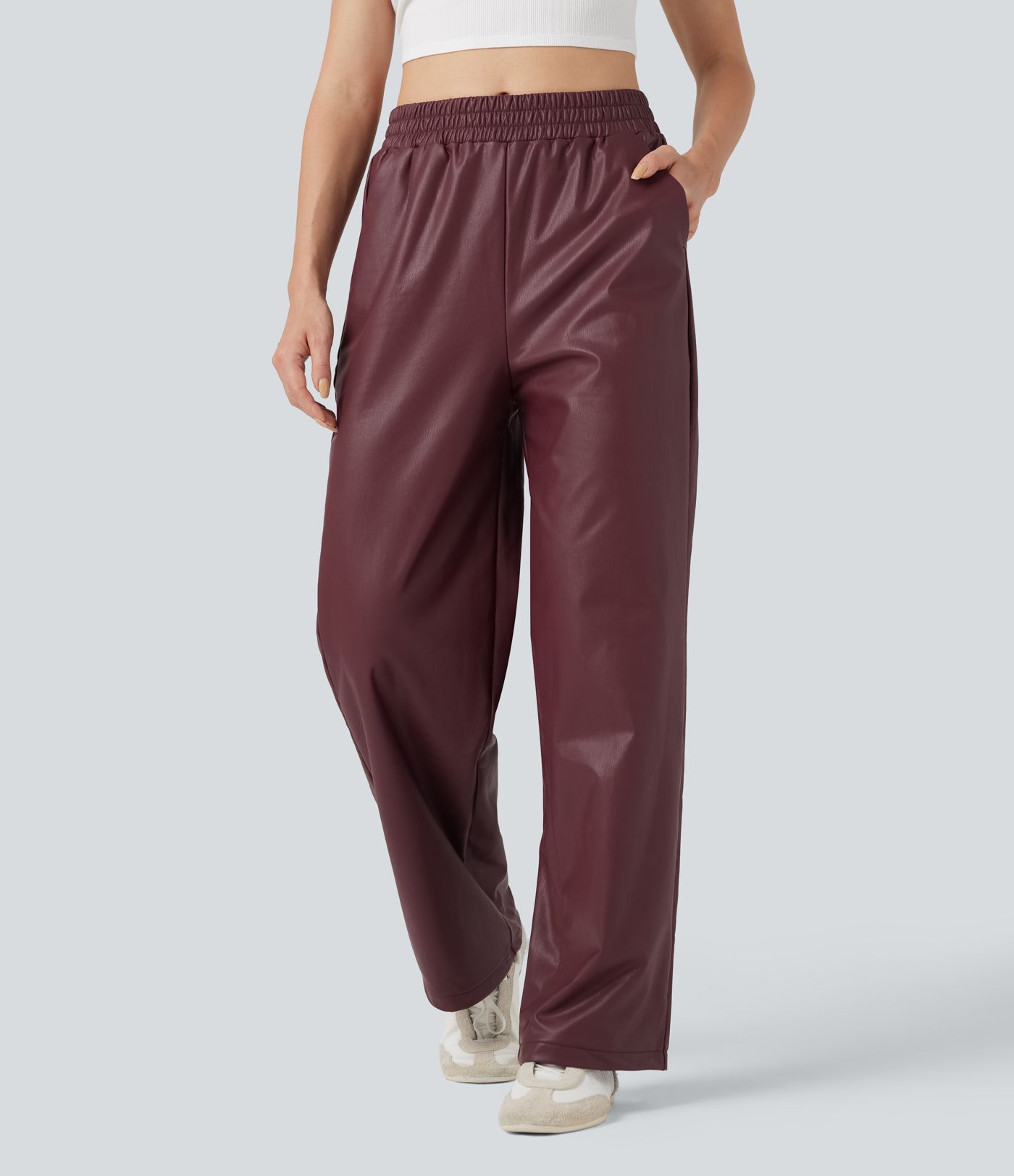 Pantalones de PU efecto piel de talle alto, pernera recta y corte relajado con bolsillos