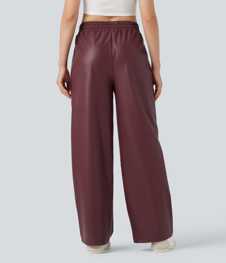 High Waisted Straight Leg Casual PU Leather Pants with Pockets