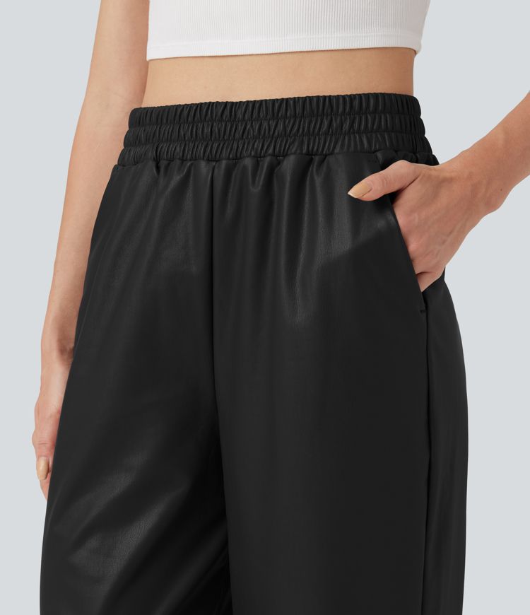 High Waisted Straight Leg Casual PU Leather Pants with Pockets