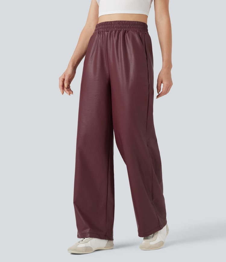 High Waisted Straight Leg Casual PU Leather Pants with Pockets