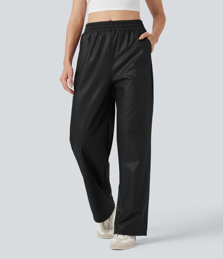High Waisted Straight Leg Casual PU Leather Pants with Pockets