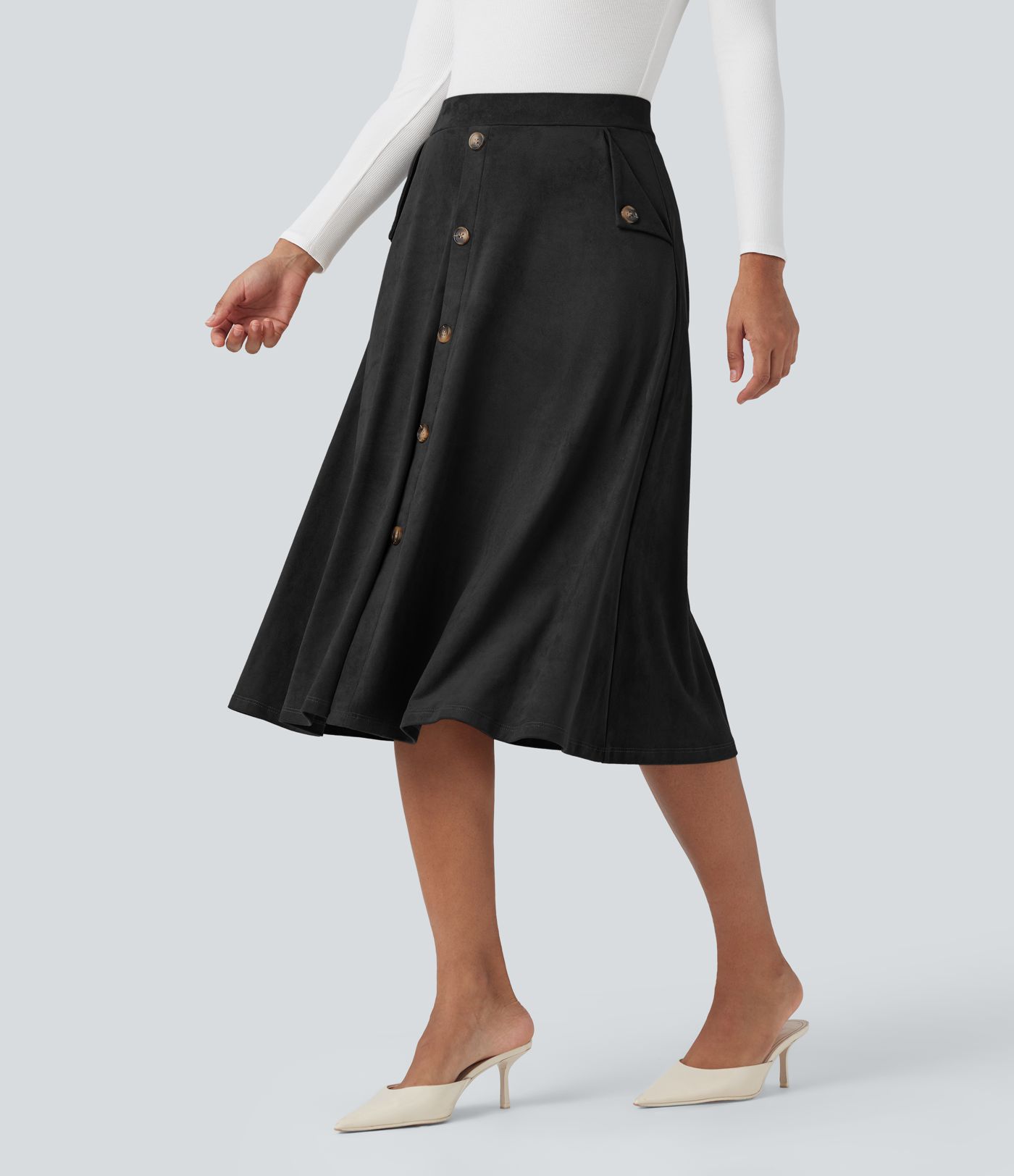 High-waisted Suede Midi Casual Flare Skirt with Pockets