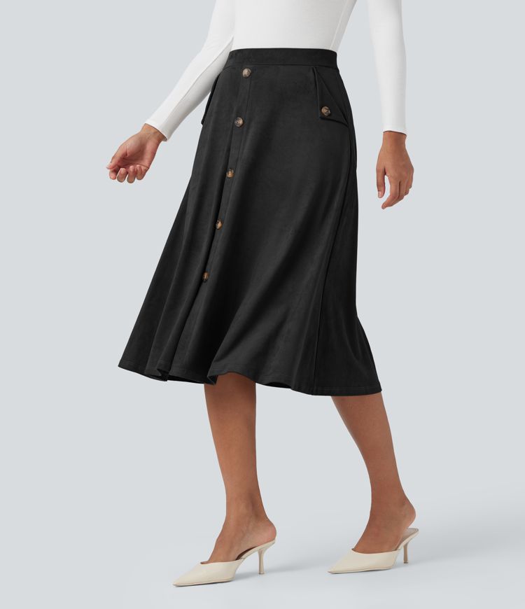 High-waisted Suede Midi Casual Flare Skirt with Pockets