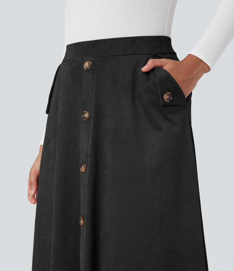 High-waisted Suede Midi Casual Flare Skirt with Pockets