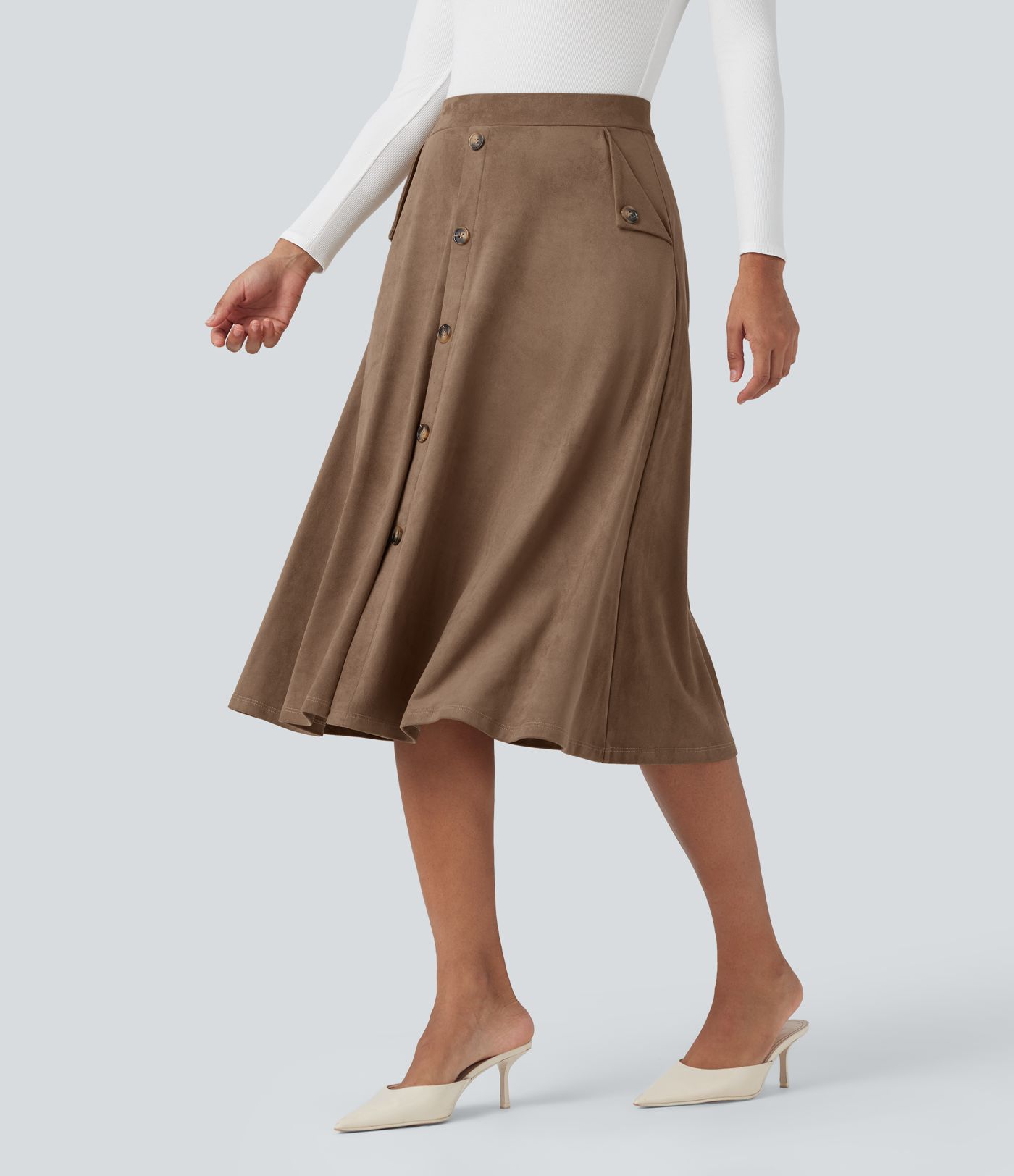 High-waisted Suede Midi Casual Flare Skirt with Pockets