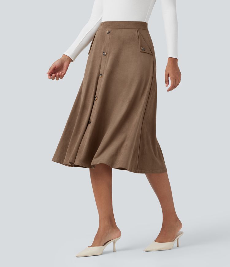 High-waisted Suede Midi Casual Flare Skirt with Pockets