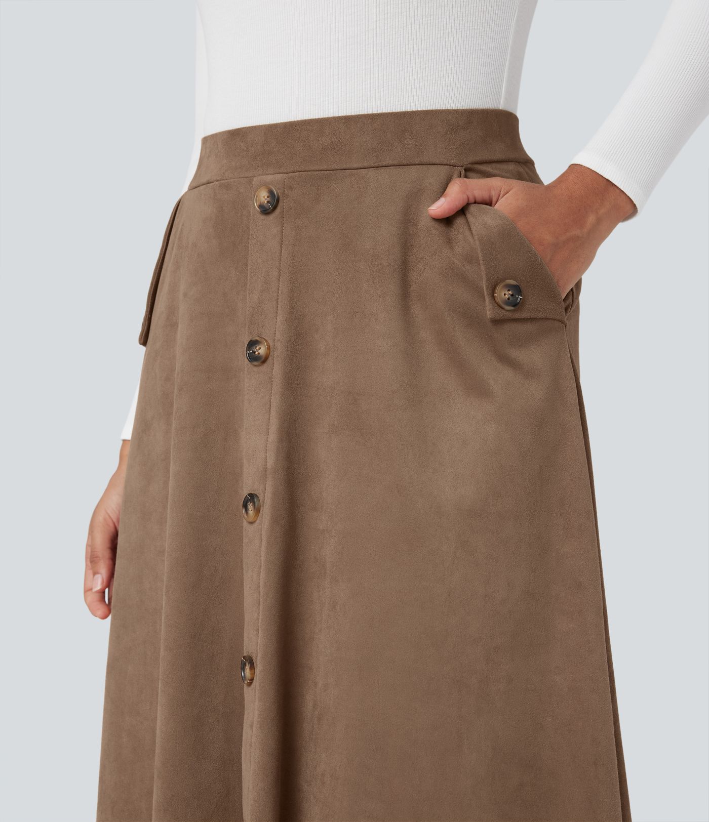 High-waisted Suede Midi Casual Flare Skirt with Pockets