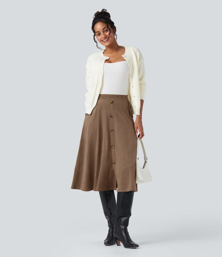 High-waisted Suede Midi Casual Flare Skirt with Pockets