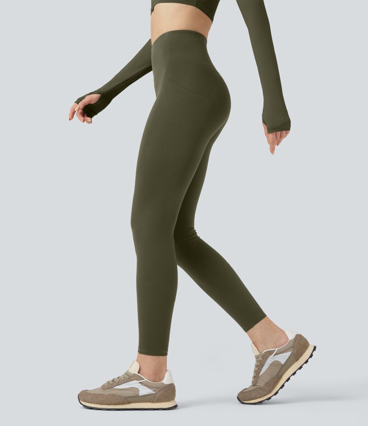 Twilight Green Wear-Resistant High Waisted 7/8 Hiking Leggings with Pockets / 1