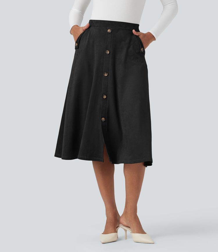 High-waisted Suede Midi Casual Flare Skirt with Pockets