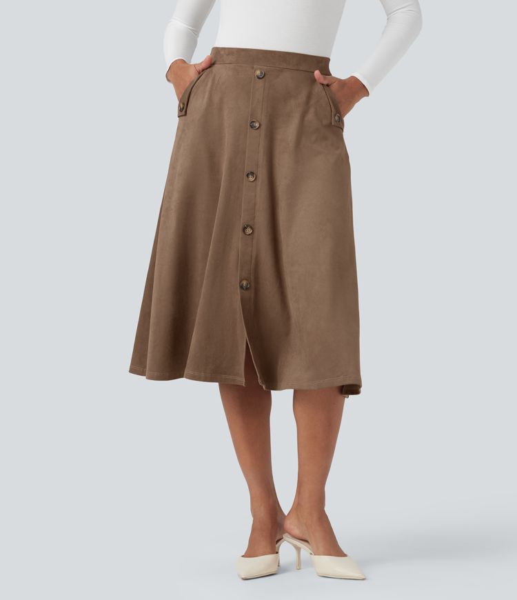 Jupe mi-longue évasée effet daim taille haute avec poches