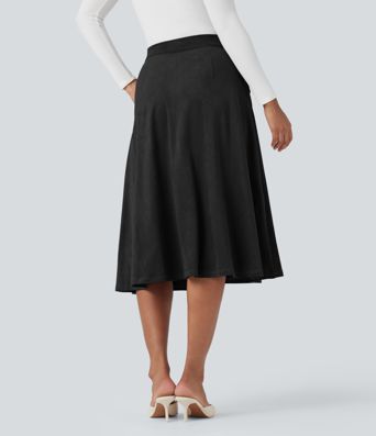 High-waisted Suede Midi Casual Flare Skirt with Pockets