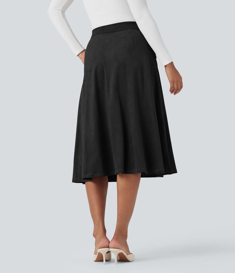 High-waisted Suede Midi Casual Flare Skirt with Pockets