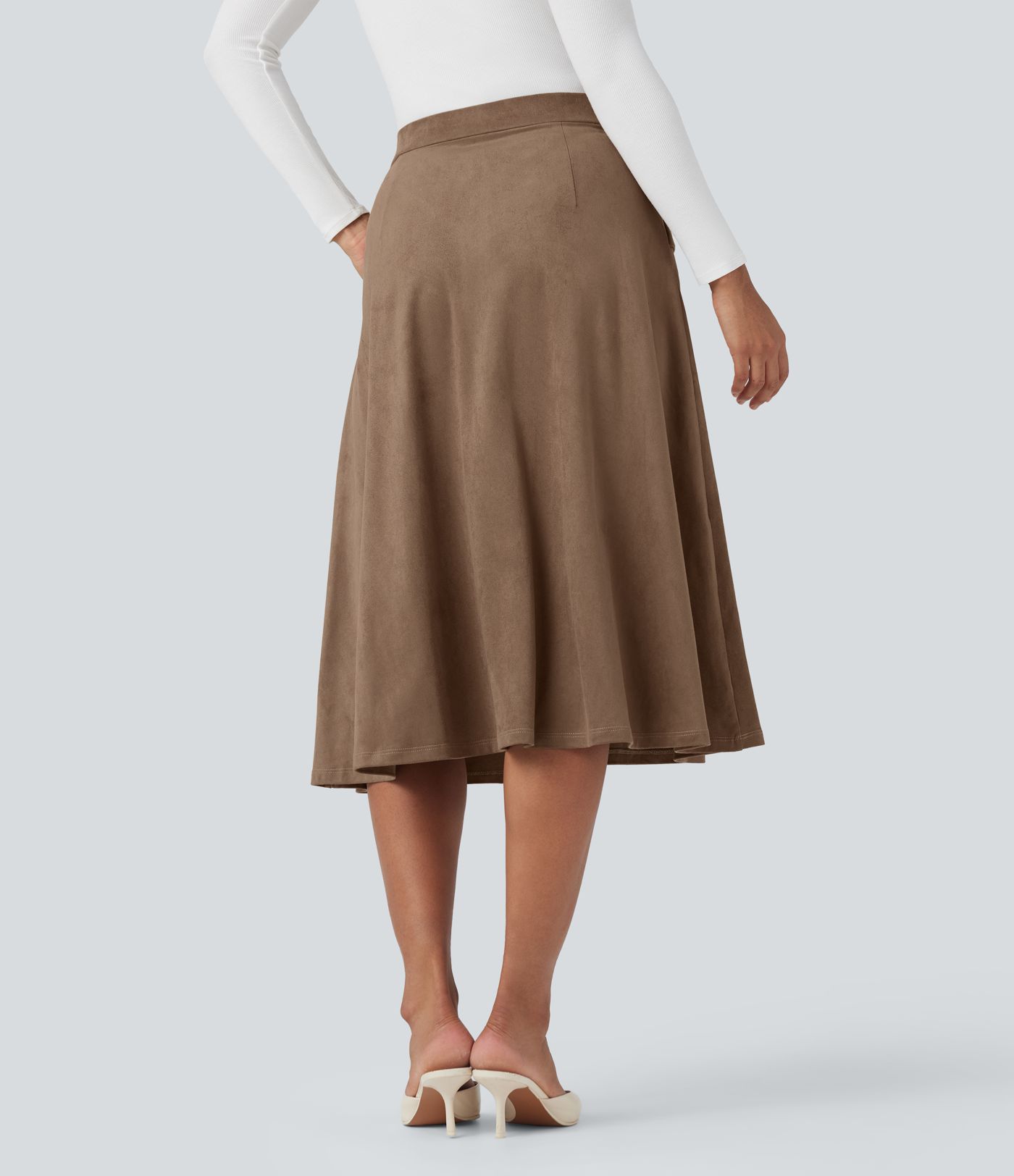 High-waisted Suede Midi Casual Flare Skirt with Pockets