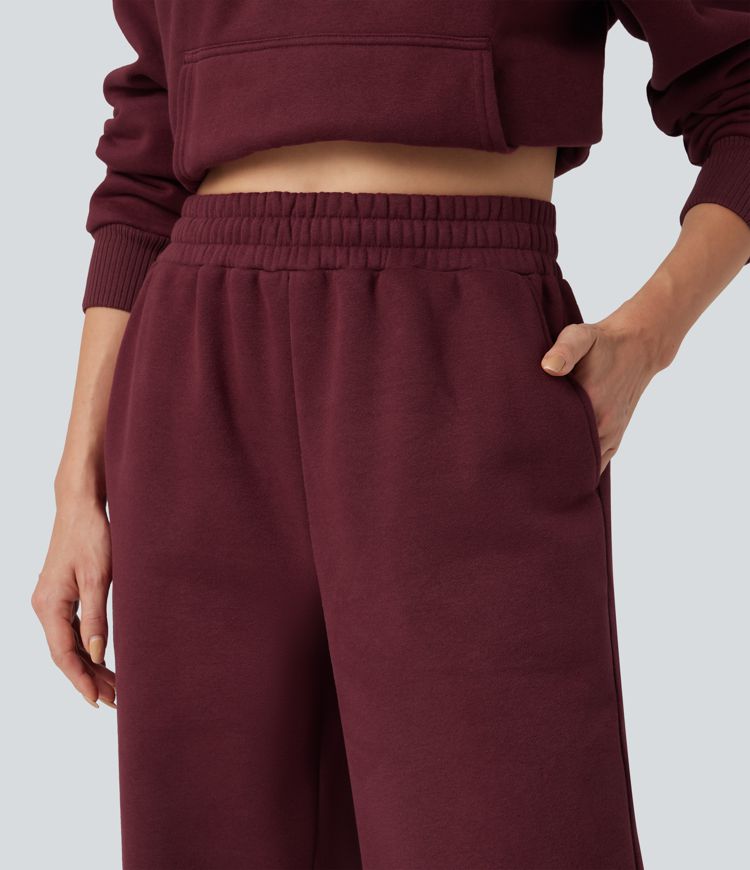 Foldover High Waisted Drawstring Fleece Casual Joggers with Pockets