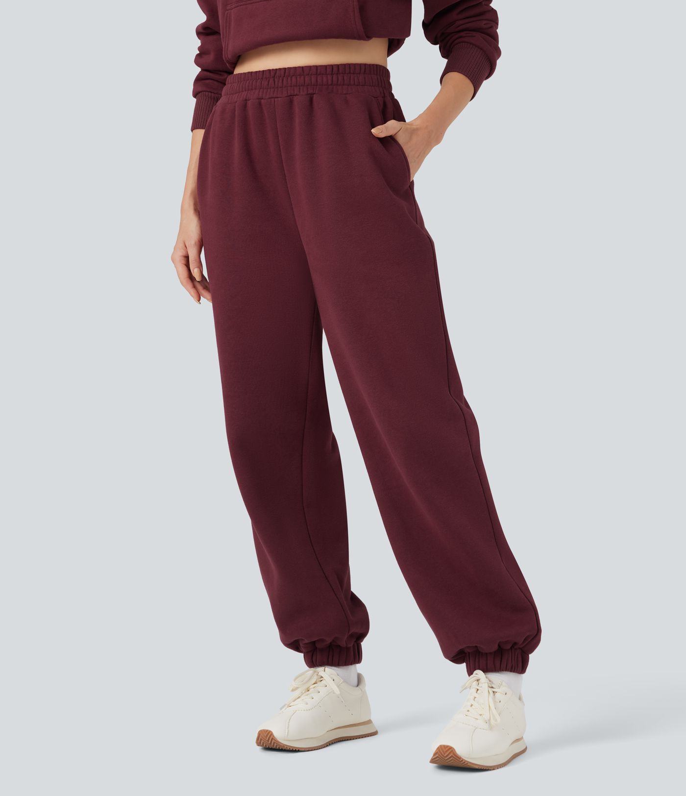 Foldover High Waisted Drawstring Fleece Casual Joggers with Pockets