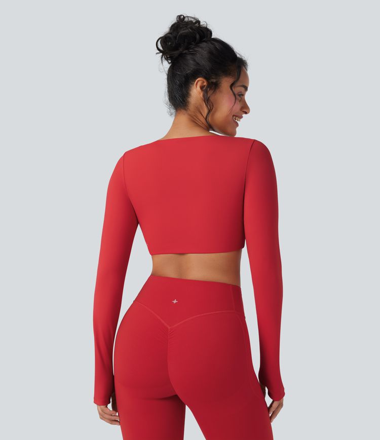 Haut de sport yoga court SoftlyZero™ Plush col V manches longues avec trous pour pouces