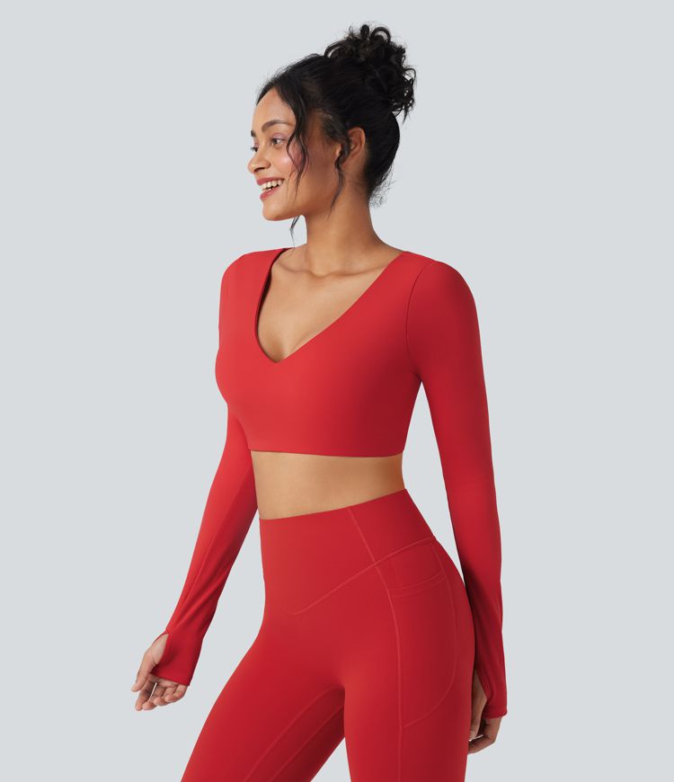 SoftlyZero™ Plush V Neck Long Sleeve Thumb Hole Cropped Yoga Sports Top
