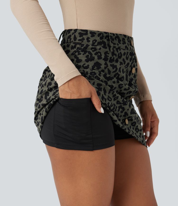 Jupe mini décontractée 2-en-1 taille haute imprimé léopard avec poche