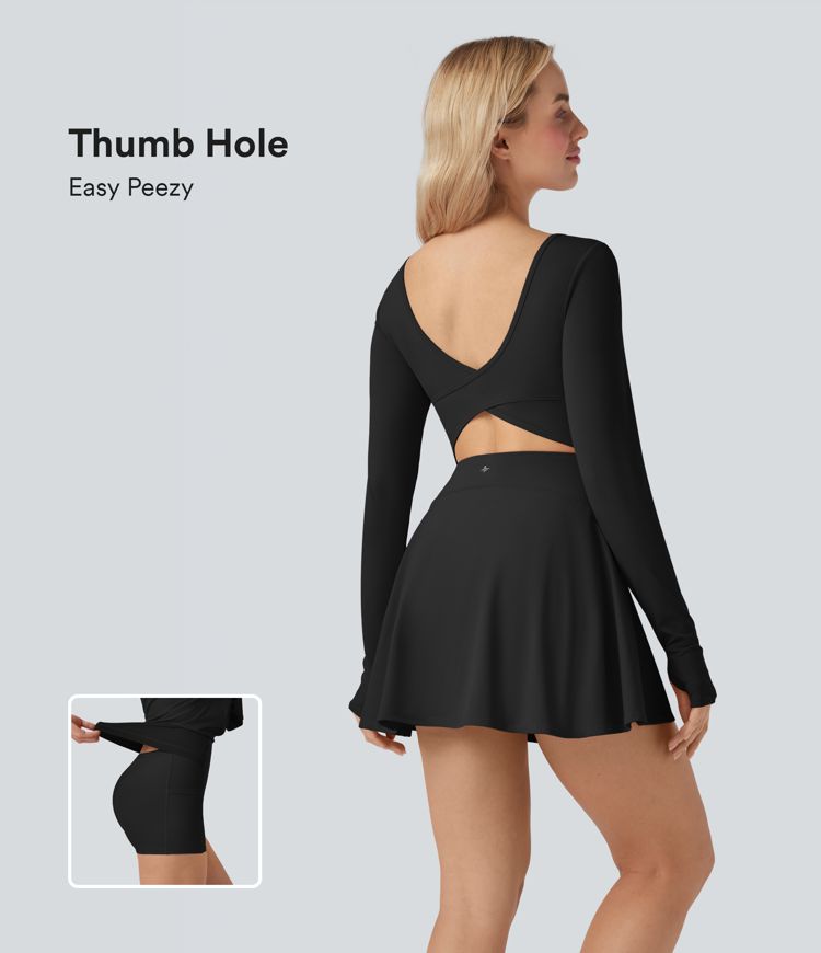 SoftlyZero™ Airy U Neck Long Sleeve Thumb Hole 2-in-1 Cool Touch Mini Dance Active Dress with Pockets-Easy Peezy