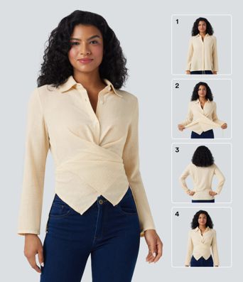 Camisa de oficina cruzada de manga larga con lazo en la espalda