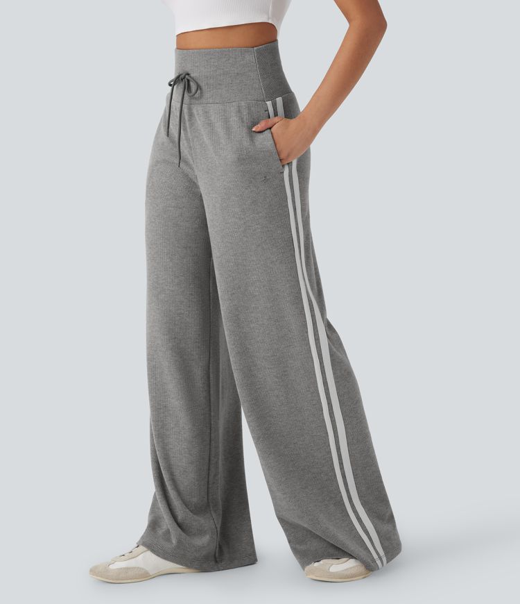 Ribbed SoCinched High Waisted Tummy Control Drawstring Wide Leg Color Block Casual Pants with Pockets