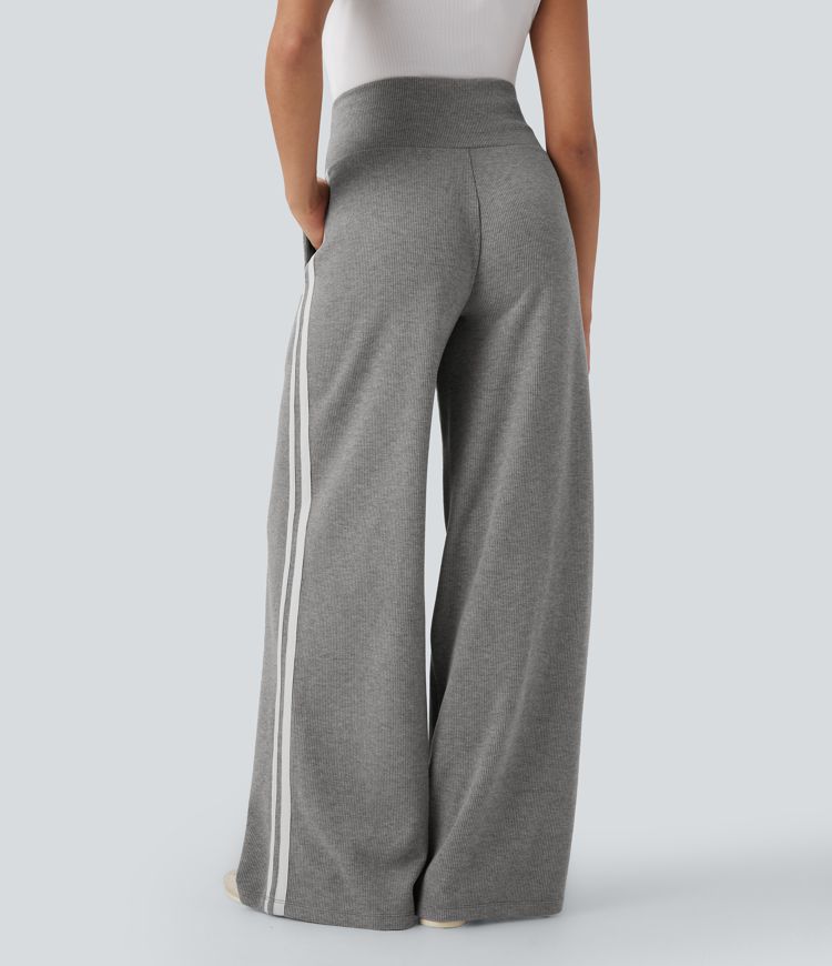 Ribbed SoCinched High Waisted Tummy Control Drawstring Wide Leg Color Block Casual Pants with Side Pockets