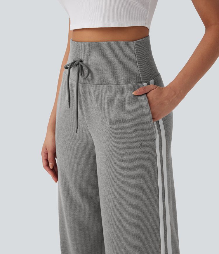 Ribbed SoCinched High Waisted Tummy Control Drawstring Wide Leg Color Block Casual Pants with Side Pockets