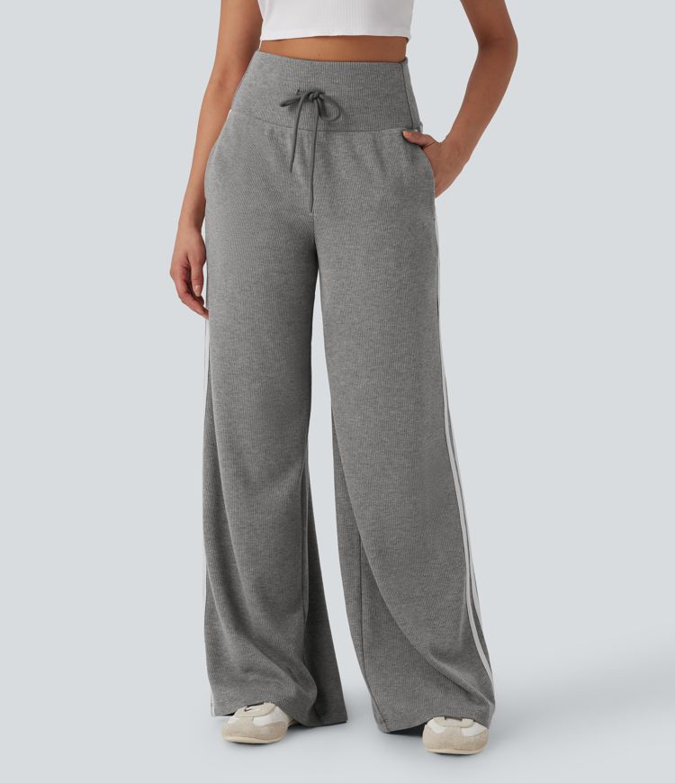 Ribbed SoCinched High Waisted Tummy Control Drawstring Wide Leg Color Block Casual Pants with Side Pockets