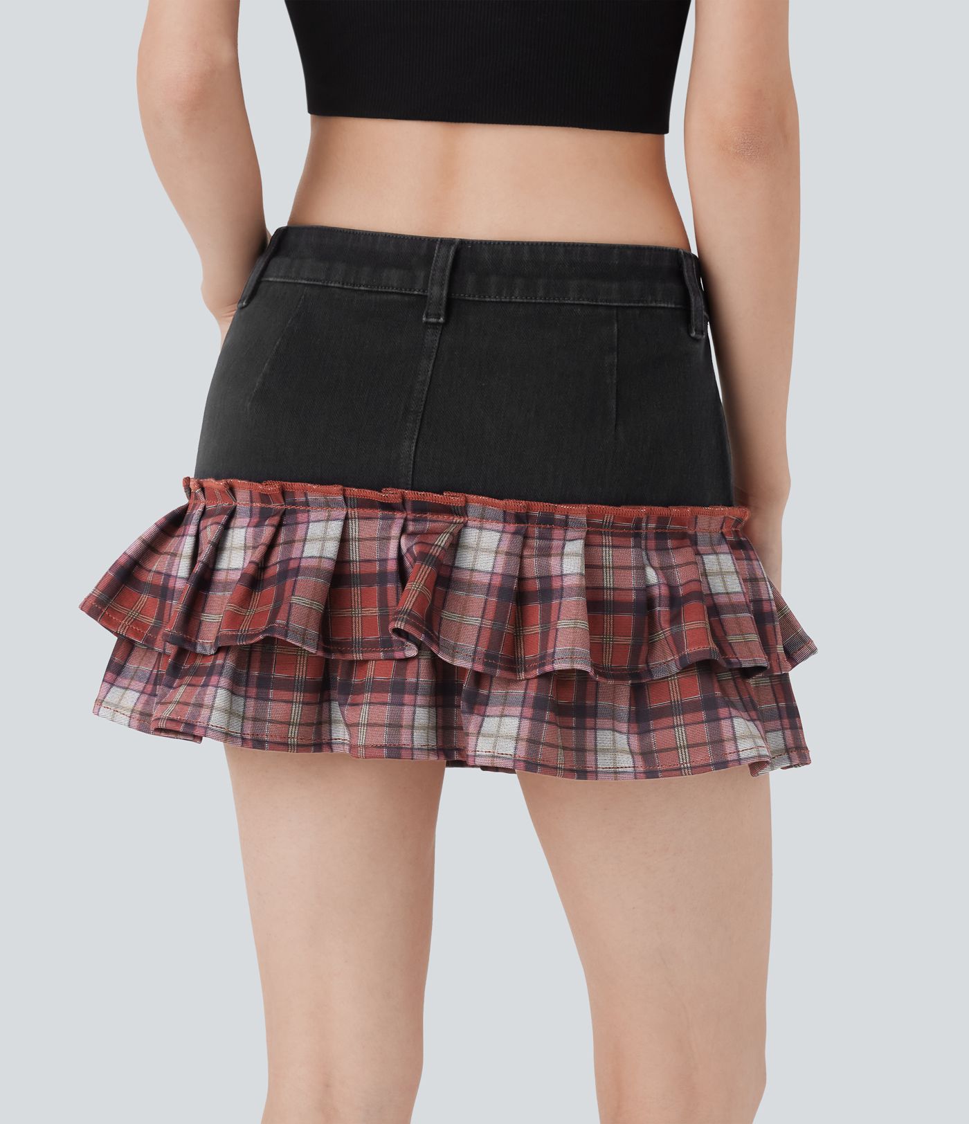 Halara Flex™ nízky pás vrstvená károvaná riflová mini casual sukňa so vreckami