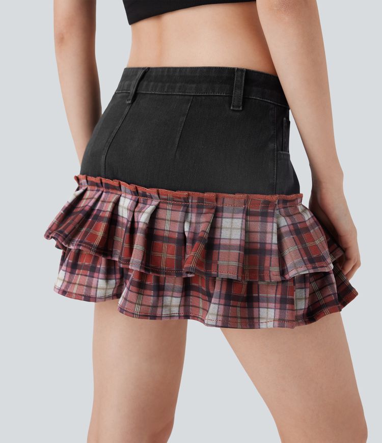 Halara Flex™ Low Rise Patchwork Plaid Layered Denim Mini Casual Skirt with Pockets